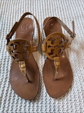 Tory Burch Tan Leather Logo T-Strap Kitten Heel Sandals